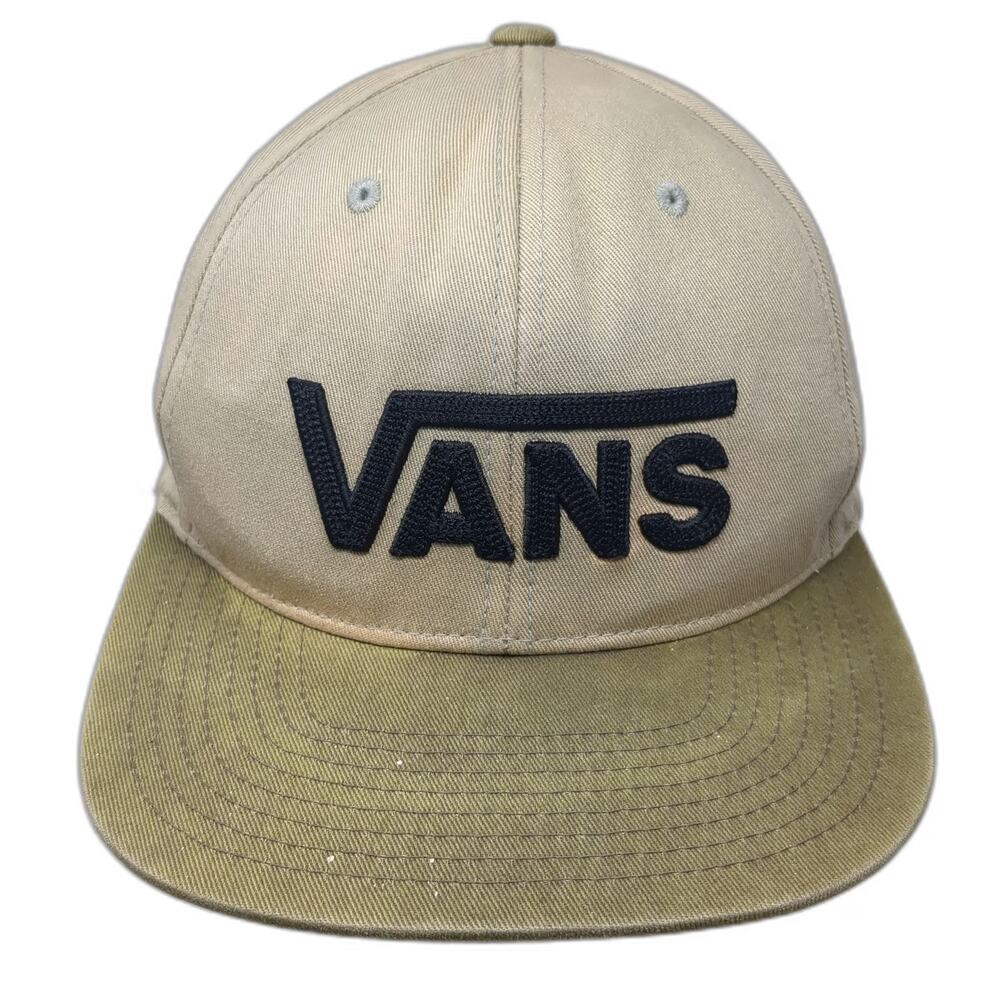 Vans Snapback Hat Beige Green One Size Flat Brim Contrast Bill Logo Cotton